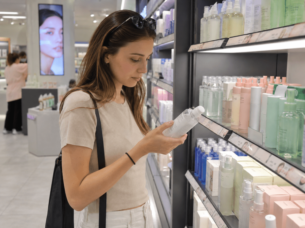 A young woman examining a skincare bottle while shopping in a beauty store, surrounded by shelves filled with various cosmetic products.