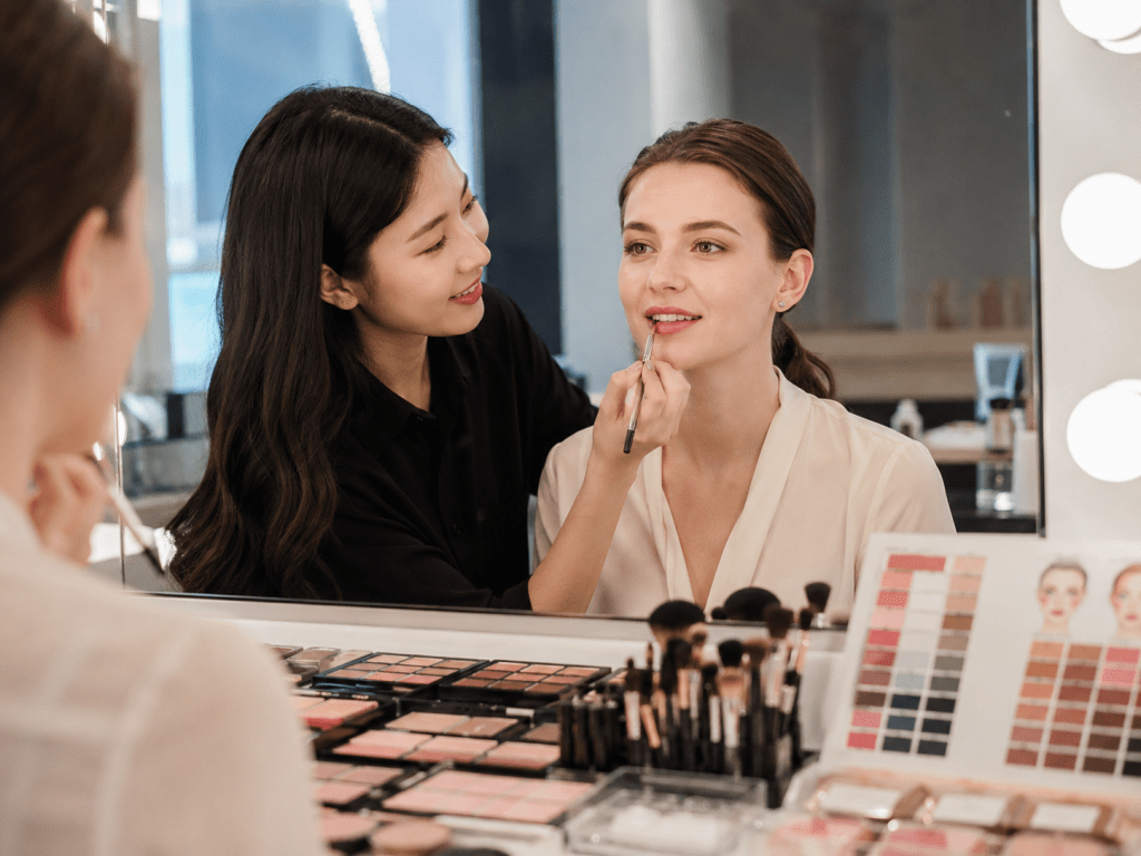 A makeup artist applies lipstick to a client in front of a mirror, surrounded by various makeup products and palettes.