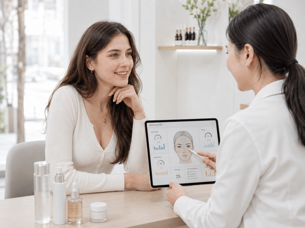 A woman with long hair smiles while consulting with a skincare professional who is showing analysis results on a tablet, displaying skin data and recommendations. The setting features skincare products on a table.