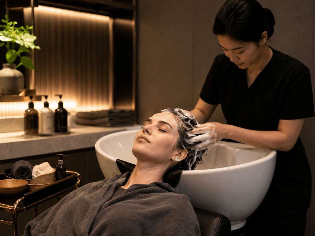 A woman receiving a hair wash at a salon, with a stylist applying shampoo at a shampoo bowl.