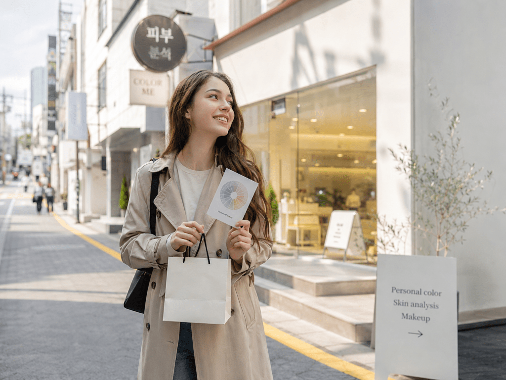 A woman wearing a beige trench coat stands on a city street, holding a color analysis booklet and a small shopping bag, smiling as she looks to her right.