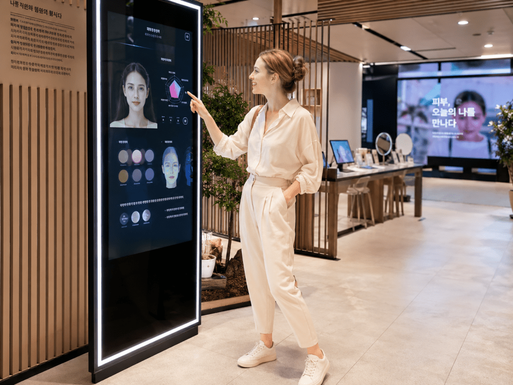 A woman interacting with a digital display showcasing skin analysis and makeup options in a modern store environment.