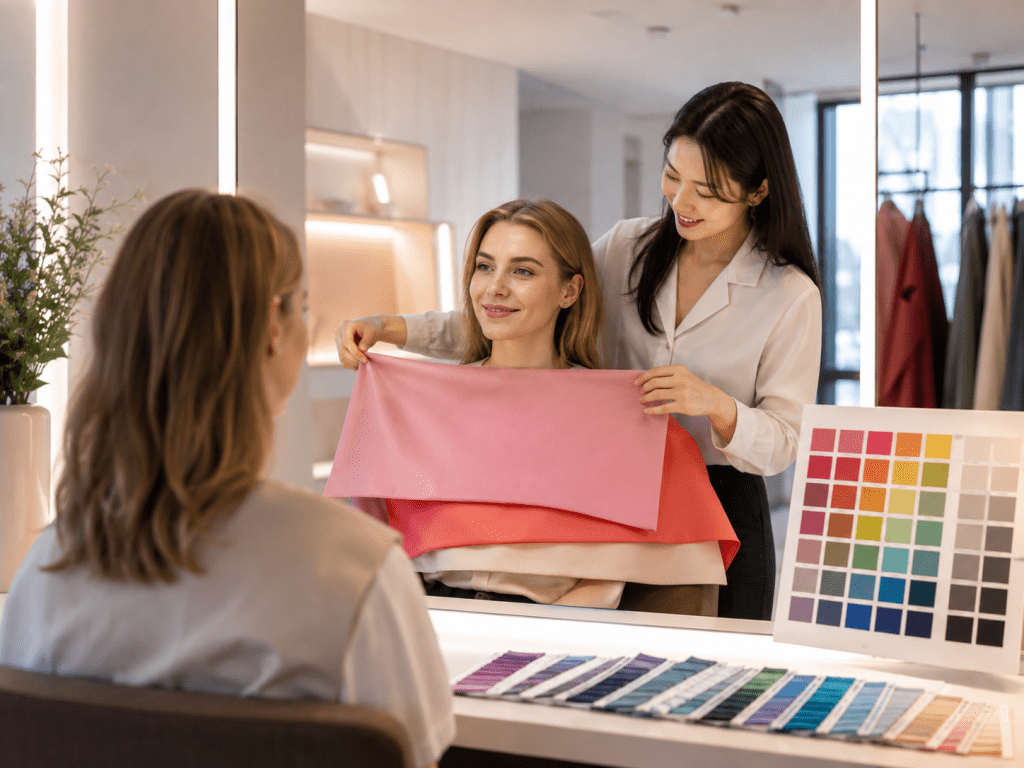 A stylist holds up colorful fabric swatches in front of a smiling client at a beauty studio, with various color palettes displayed on a table.
