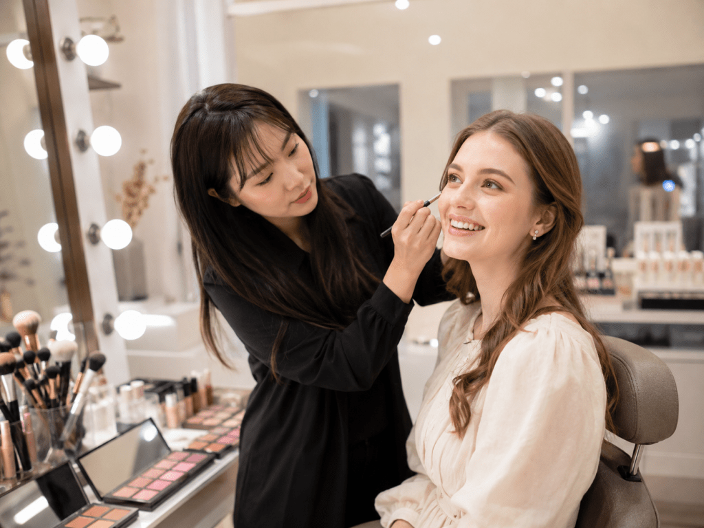 A makeup artist applying makeup to a smiling woman in a beauty salon, surrounded by makeup products and bright lights.