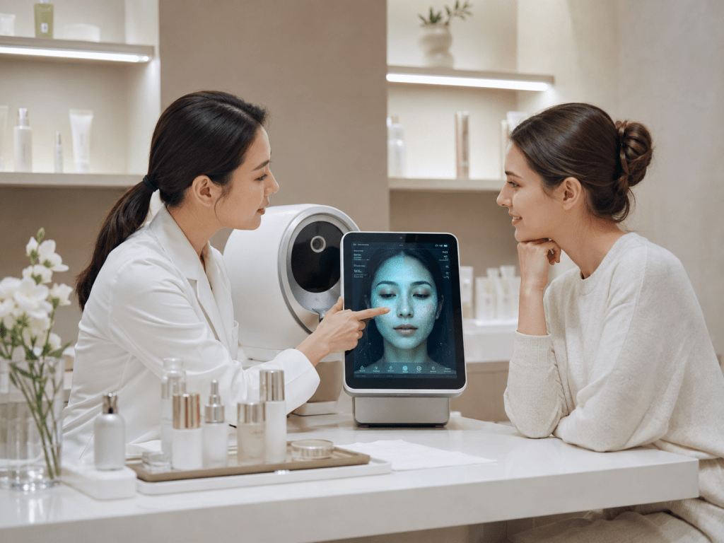A skincare specialist discussing treatment options with a client, using a tablet that displays the client's facial analysis, in a modern cosmetic clinic.