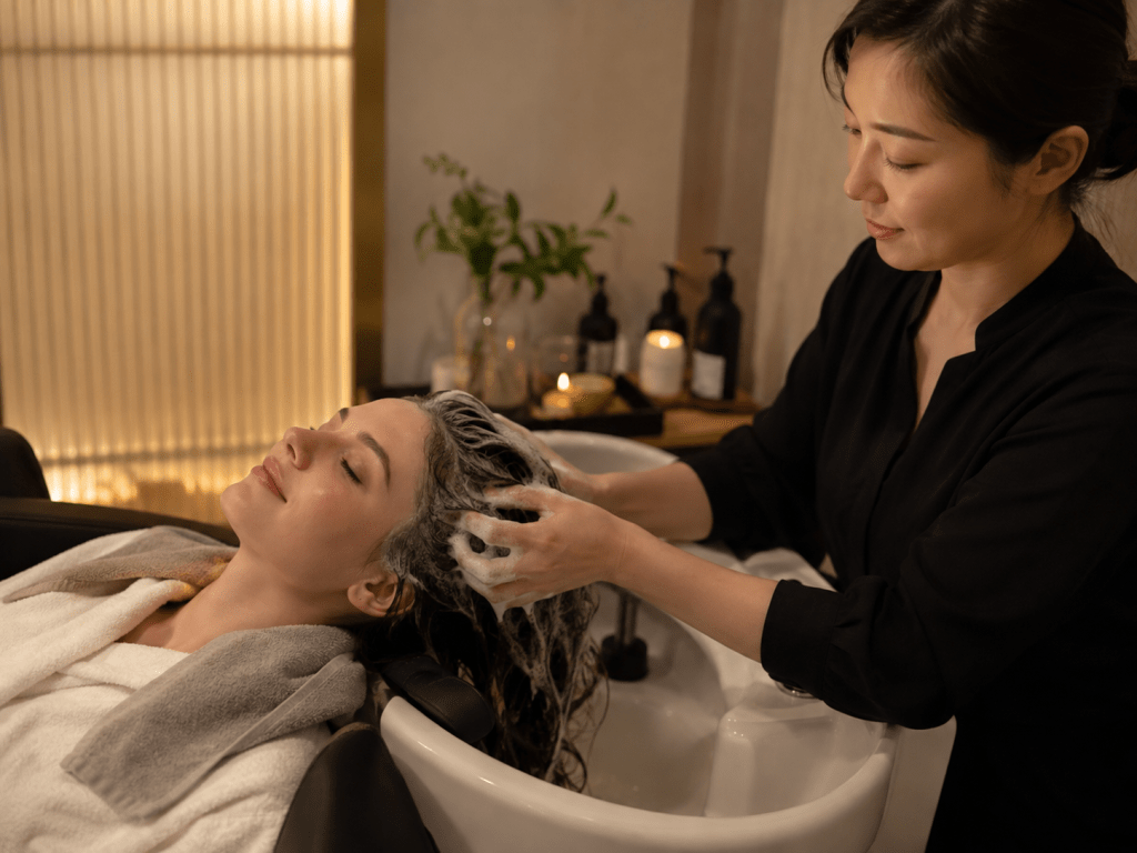 A woman enjoying a hair wash at a salon, while a stylist gently massages shampoo into her hair.