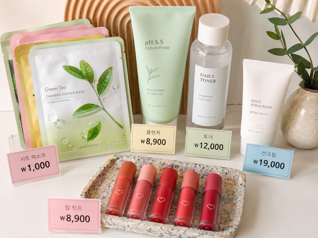 A variety of skincare products displayed on a countertop, including calming essence masks, a facial cleanser, a hydrating toner, and a mild sunscreen, along with lip tints in different shades. Each product features price tags in Korean won.