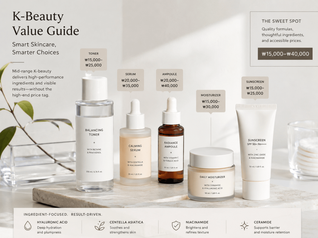 K-Beauty Value Guide featuring various skincare products including Balancing Toner, Calming Serum, Radiance Ampoule, Daily Moisturizer, and Sunscreen, with price ranges and key ingredient highlights.
