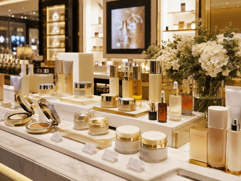 A beautifully designed display of various skincare and cosmetic products arranged on a marble countertop, featuring elegant packaging and decorative flowers in the background.