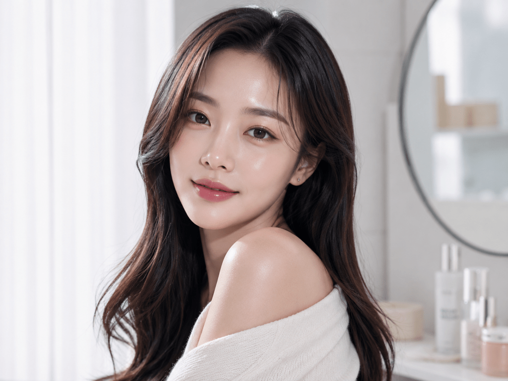 A young woman with long, flowing hair smiles softly while wearing a cozy, off-the-shoulder sweater. The background features a mirror and various skincare products.
