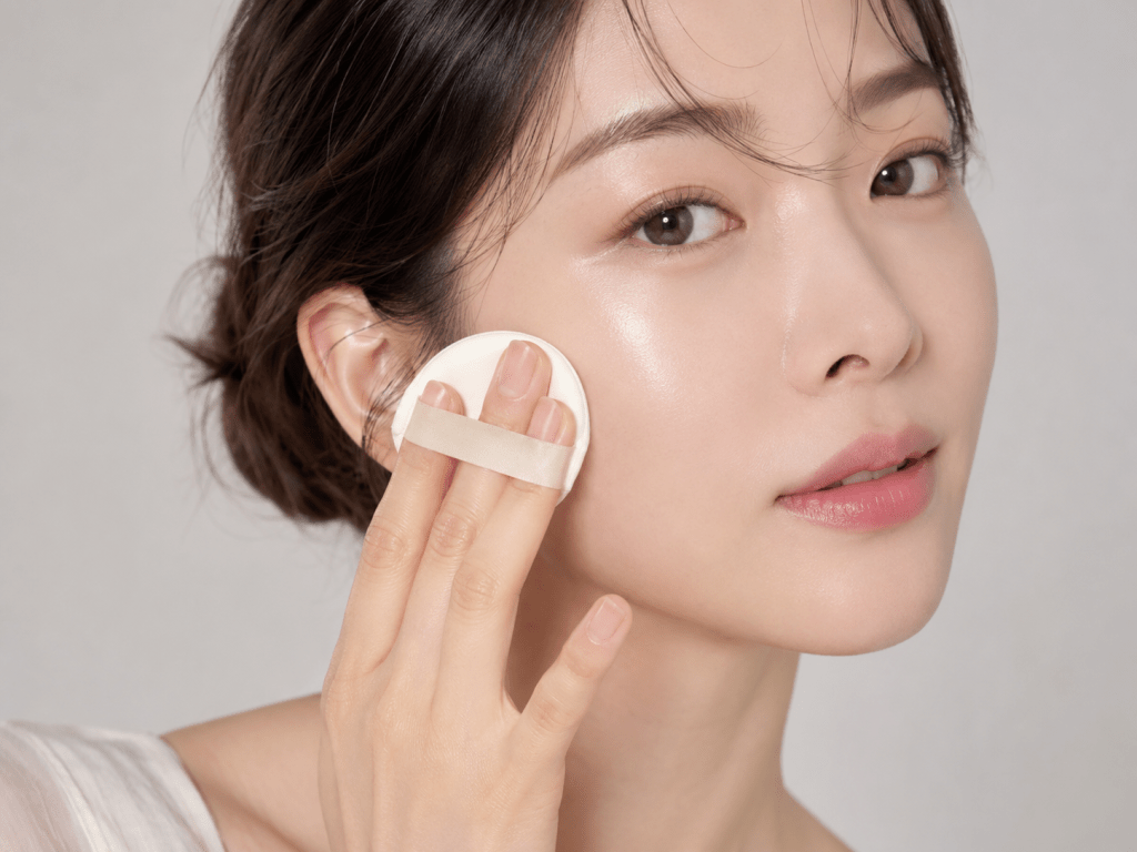A woman applying makeup with a cushion puff, showcasing a natural and radiant look.