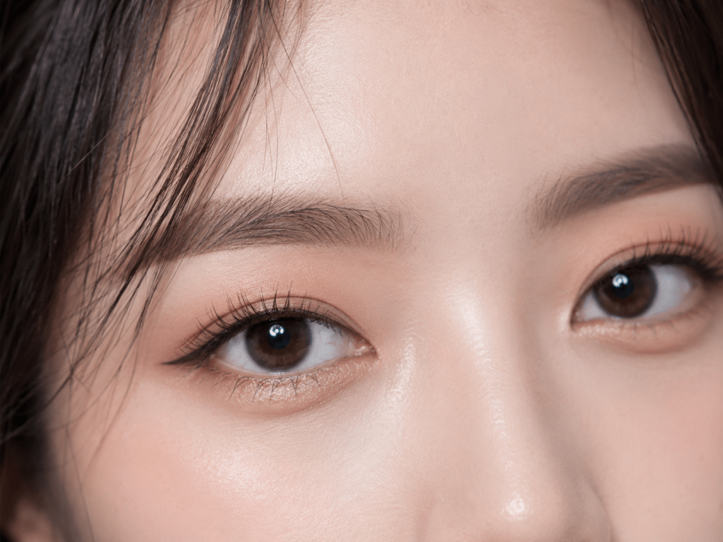 Close-up of a woman's eyes showcasing detailed makeup, including eyeliner and well-defined eyelashes.