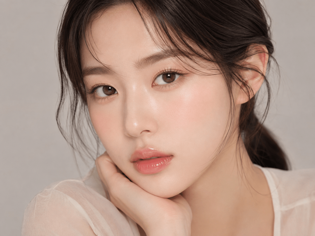 Close-up portrait of a young woman with soft makeup, resting her chin on her hand, against a neutral background.