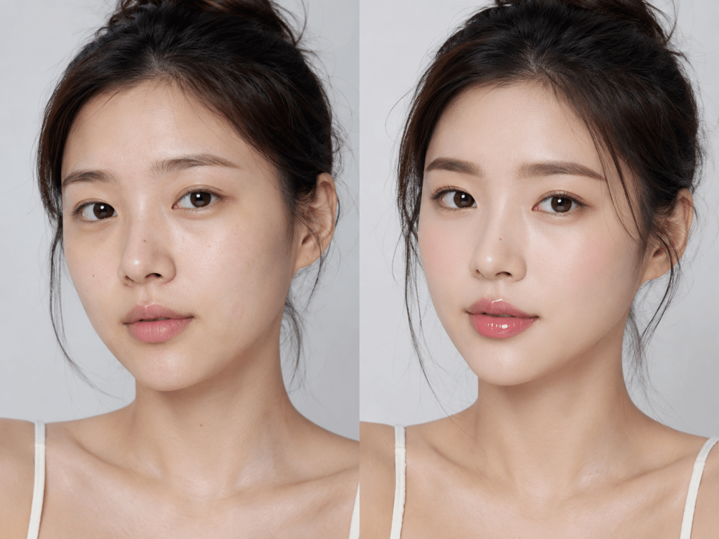 Side-by-side comparison of a woman's face before and after makeup application, showcasing natural skin on the left and a polished look with makeup on the right.