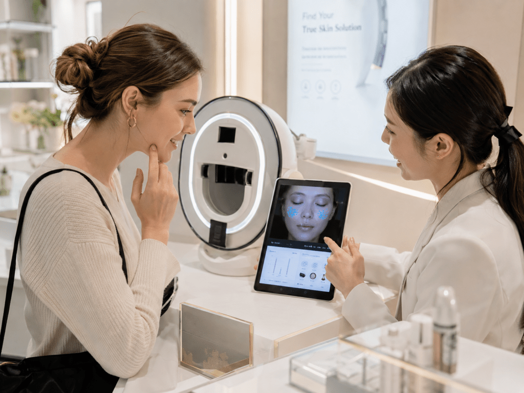 A woman consulting with a skincare professional who is showing her facial analysis results on a tablet, in a modern skincare store.