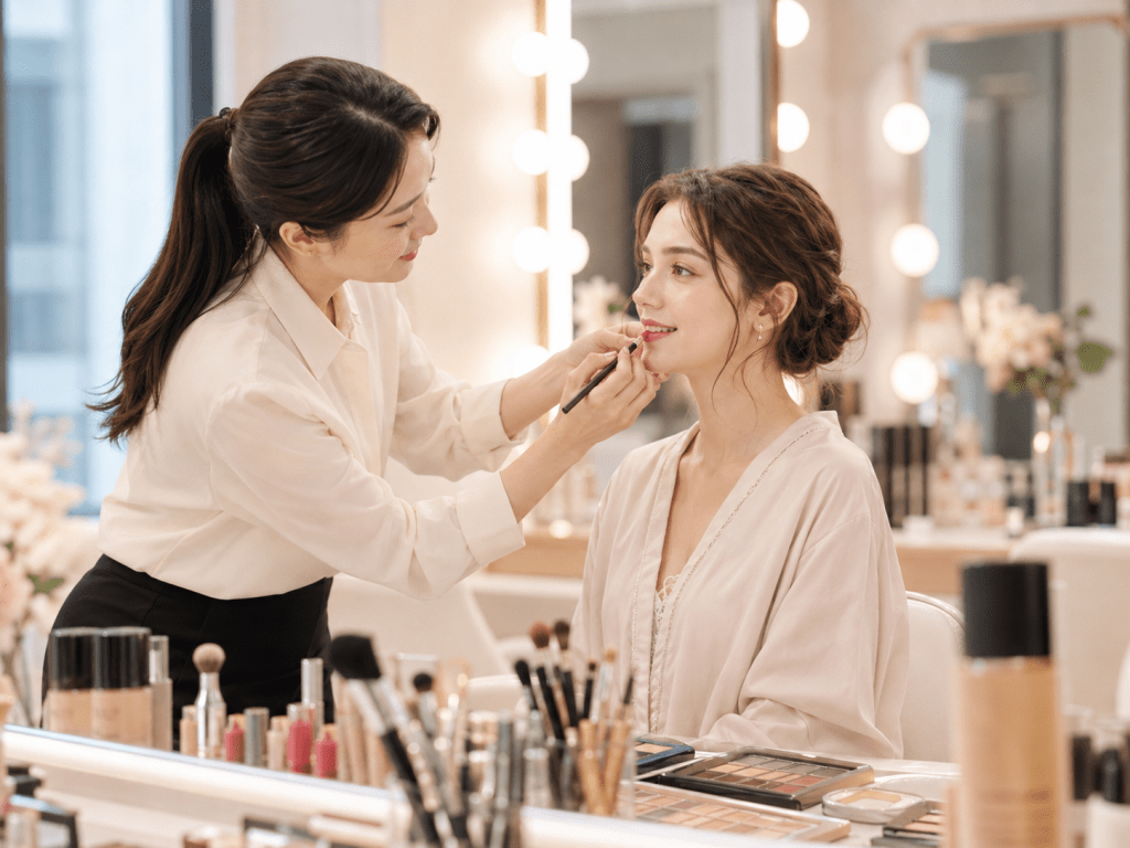 A makeup artist applying lipstick on a client's lips in a well-lit beauty studio, with various makeup products displayed on a table.