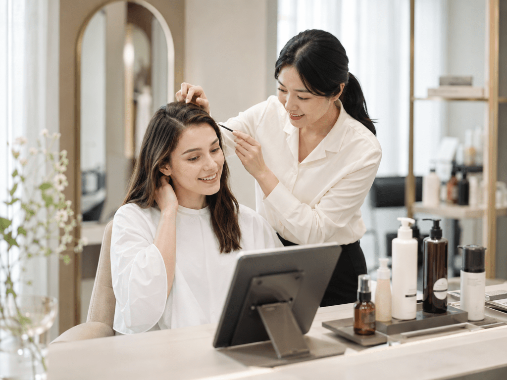 A hairdresser styling a client's hair at a salon, with a variety of hair products displayed on a counter.