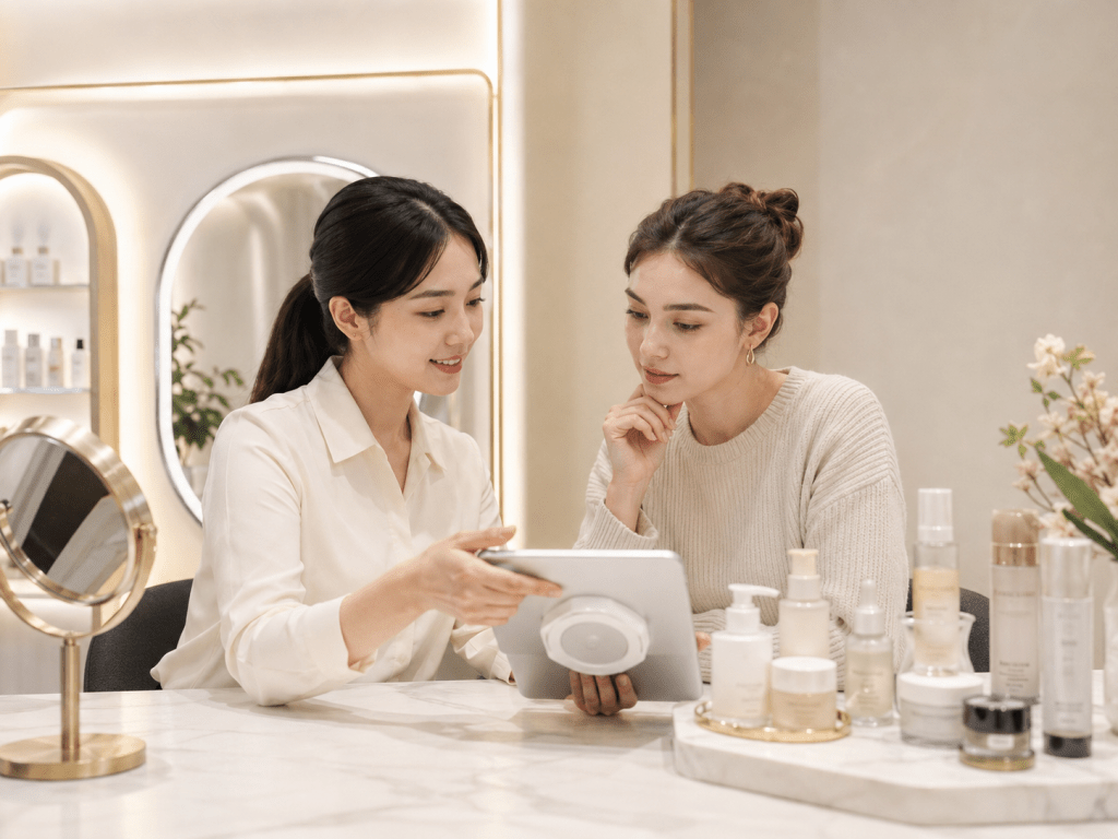 Two women discussing skincare products at a beauty counter, one holding a tablet while the other listens attentively, with various skincare bottles displayed on the table.