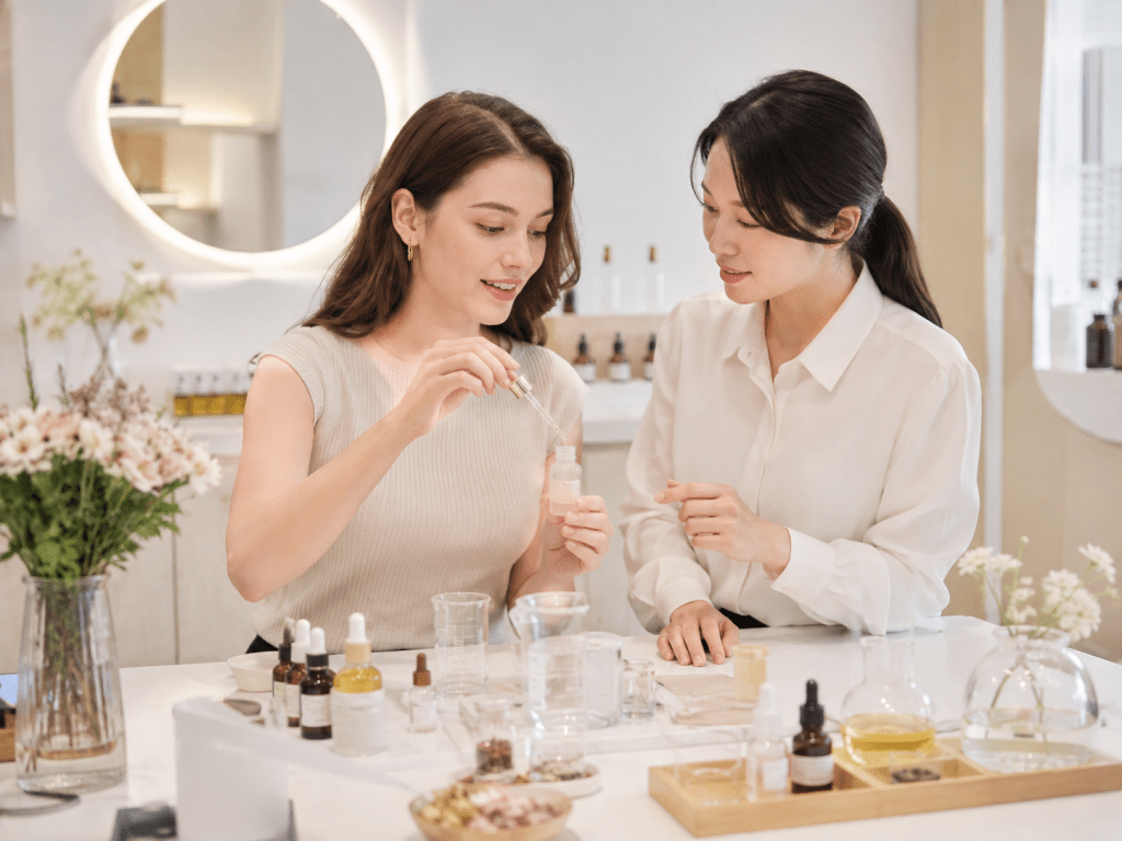 Two women discussing and preparing skincare products at a vanity table, surrounded by various bottles and natural ingredients.