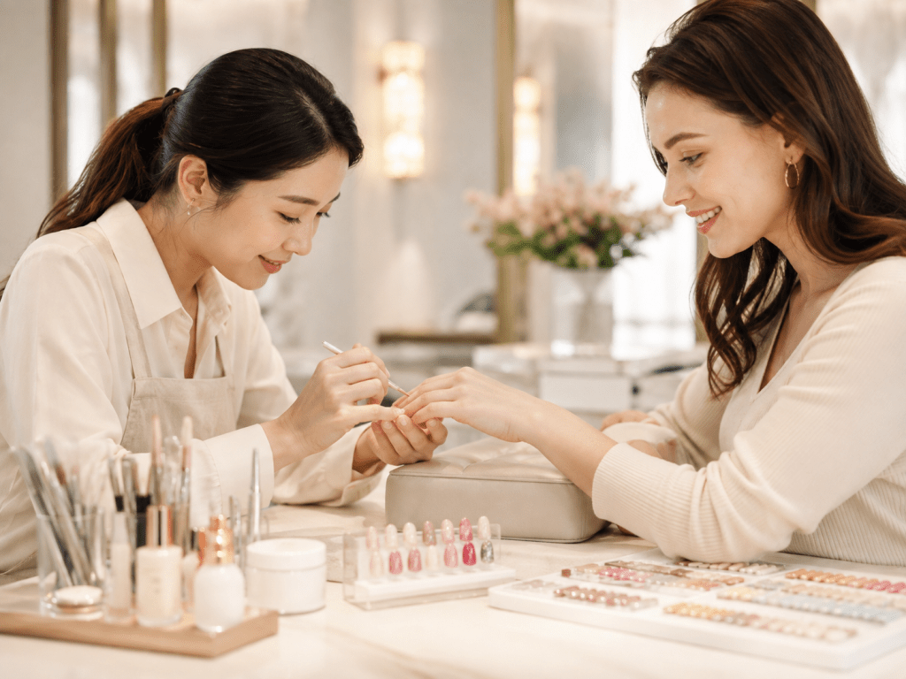 A nail technician applying nail polish on a client's hand while sitting at a well-organized beauty table with various nail products displayed.