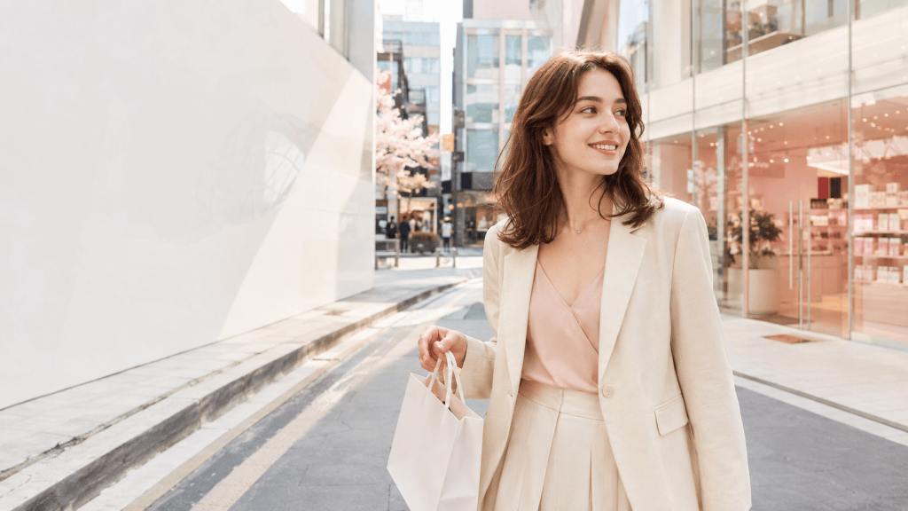 A woman in a stylish beige suit is walking down a city street holding a shopping bag, smiling while enjoying her day.