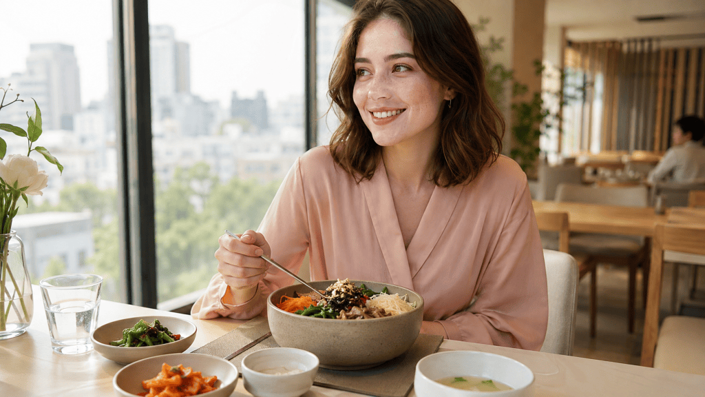 A woman with shoulder-length hair is sitting at a table in a restaurant, smiling while holding a spoon. She is wearing a light pink blouse and is surrounded by bowls of food, including a large bowl of noodles and smaller dishes. The window in the background showcases a city view.