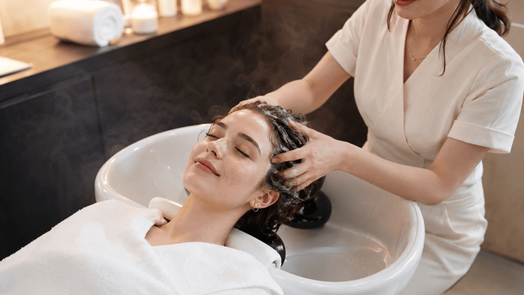 A woman enjoying a relaxing hair wash in a salon as another woman gently massages her scalp.