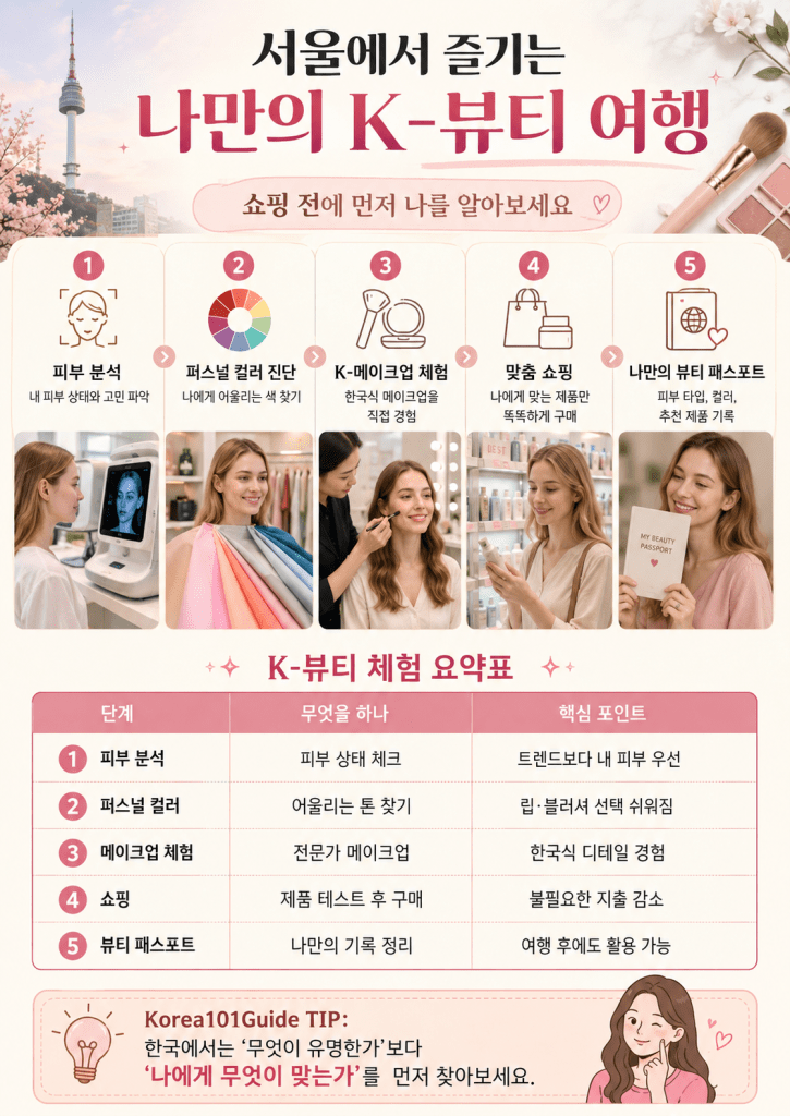 An informative poster about a K-beauty experience in Seoul, featuring steps for skin analysis, color matching, makeup application, shopping tips, and beauty passport management. It includes images of women engaging in beauty consultations and a guide to personalized beauty shopping.