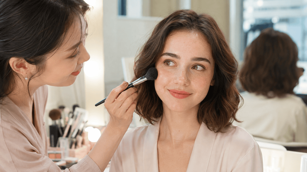 A makeup artist applies blush to a smiling woman's cheeks in a well-lit beauty studio, with makeup tools visible in the background.