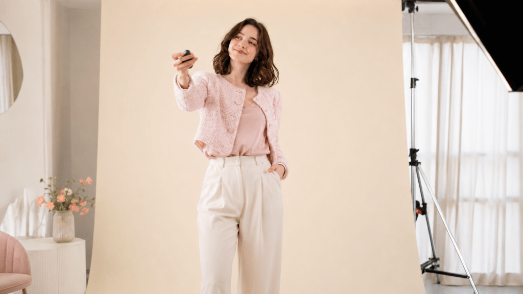 A woman standing in front of a light beige backdrop, wearing a pink cropped jacket and cream-colored trousers, holding a remote control and smiling.