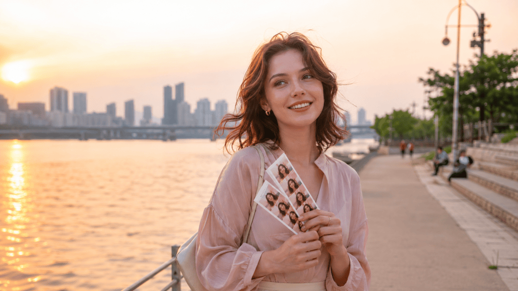 A smiling woman holds photo strips while standing by a river at sunset, with a city skyline in the background.