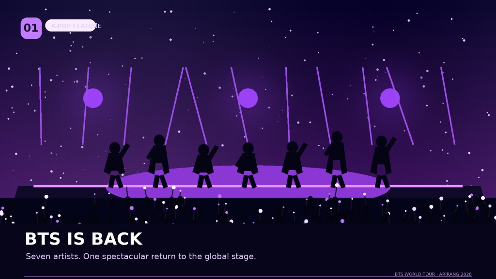 Silhouettes of seven performers on stage with a purple background, celebrating the return of BTS to the global stage.