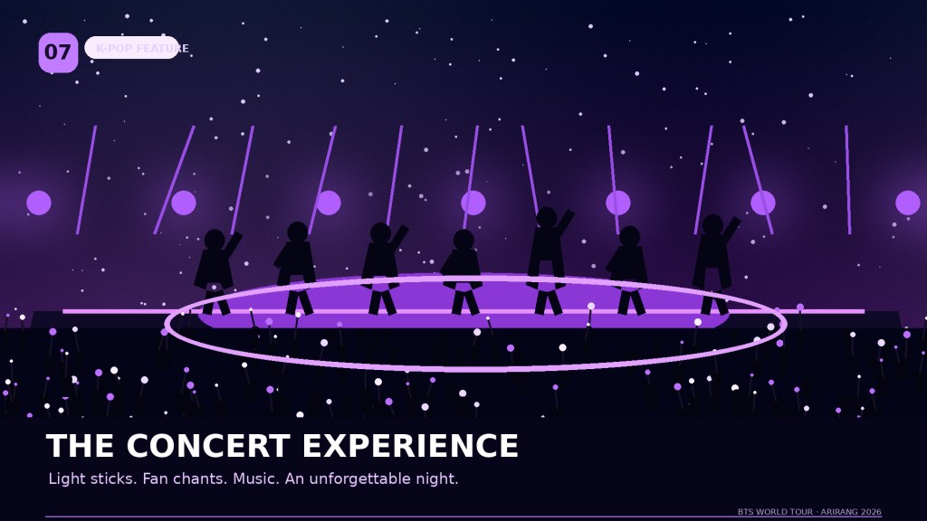 A stylized illustration of a K-pop concert scene with silhouetted performers on stage, surrounded by colorful light sticks held by fans.
