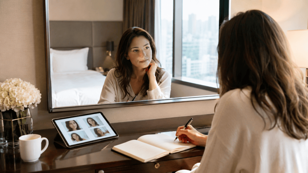 A woman sitting at a desk with a notepad, looking at her reflection in a mirror. She has long hair and is wearing a white sweater. An iPad displaying images of her face is on the desk, along with a cup and a vase of flowers in the foreground.