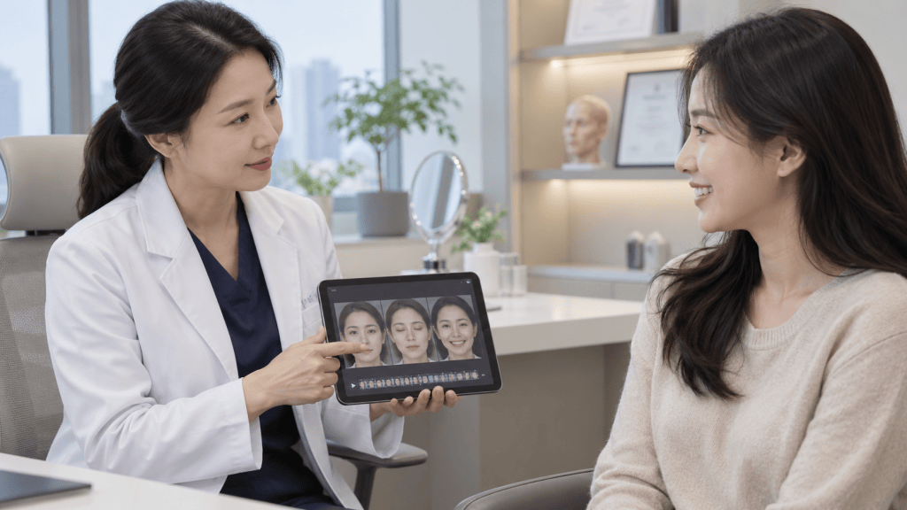 A female doctor in a white coat shows a digital tablet displaying facial images to a smiling female patient in a clinic setting.