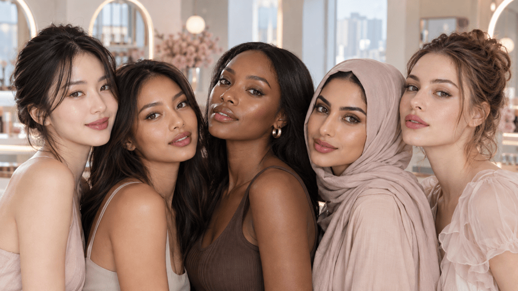 A diverse group of five women posing together, showcasing different styles and backgrounds in a beauty-themed setting.