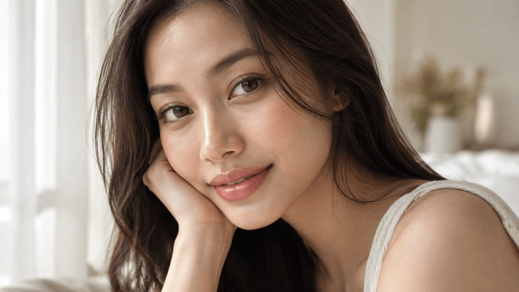 A young woman with long, dark hair resting her chin on her hand, smiling softly at the camera in a bright, airy room.