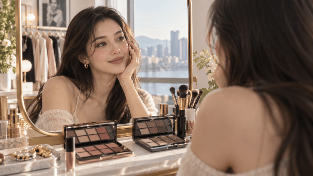 A woman admiring her reflection in a mirror, sitting at a vanity table with makeup palettes and brushes, overlooking a city skyline through a large window.
