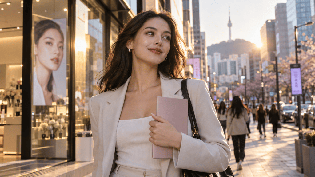 A young woman in a light suit holds a notebook while walking past a beauty store with large posters in a bustling city street during sunset, with a visible tower in the background.