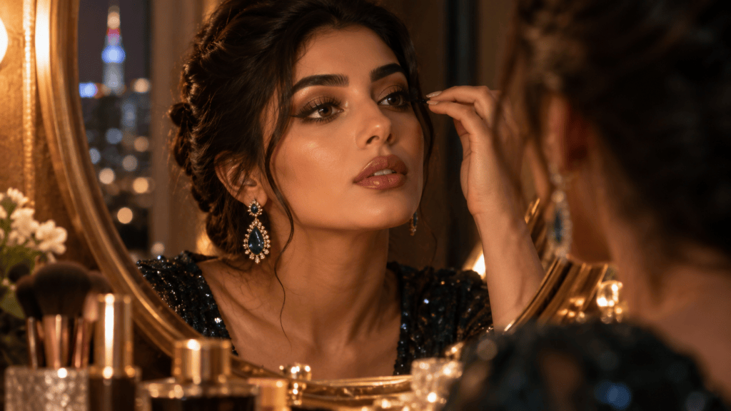 A woman with dark, wavy hair applies makeup while looking into a vanity mirror, adorned with elegant jewelry and surrounded by beauty products.