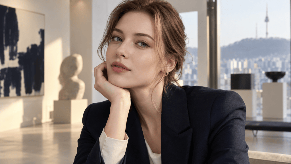 A woman with light brown hair, wearing a dark blazer, resting her chin on her hand while sitting in a modern interior with large windows, showcasing a city view and an abstract painting in the background.