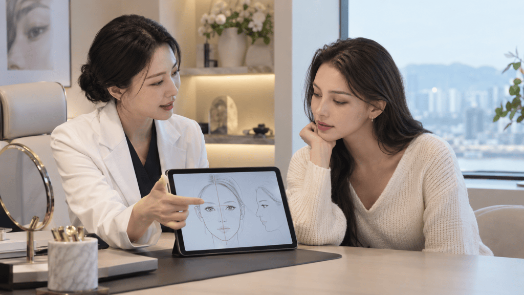 A healthcare professional in a lab coat explains facial sketches to a young woman seated at a desk, with a view of a city skyline in the background.