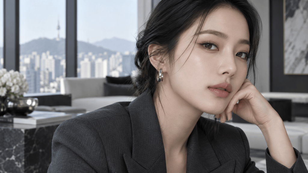 A young woman wearing a grey blazer, resting her chin on her hand, with a city skyline visible through large windows in the background.