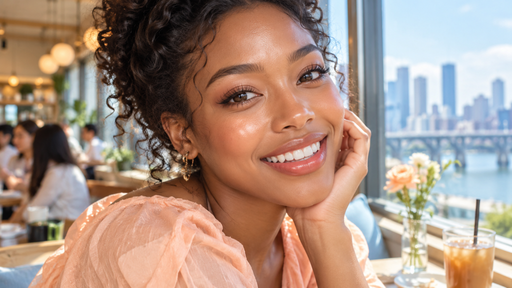 A smiling woman with curly hair sitting at a café table, resting her chin on her hand, with a city skyline visible through the window.