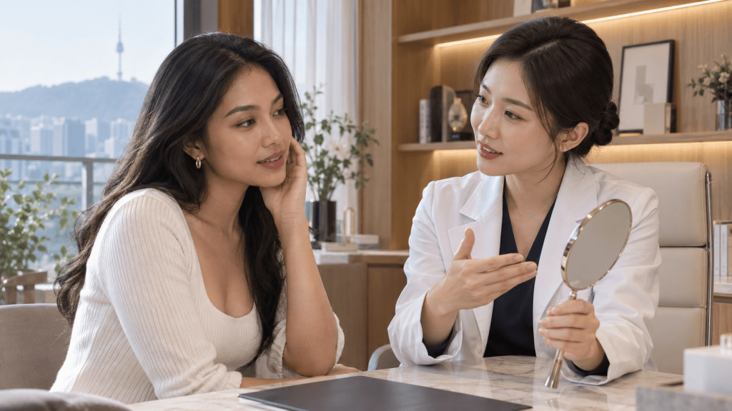 A woman consulting with a doctor in a modern office, discussing skincare while looking at a mirror, with a cityscape visible in the background.
