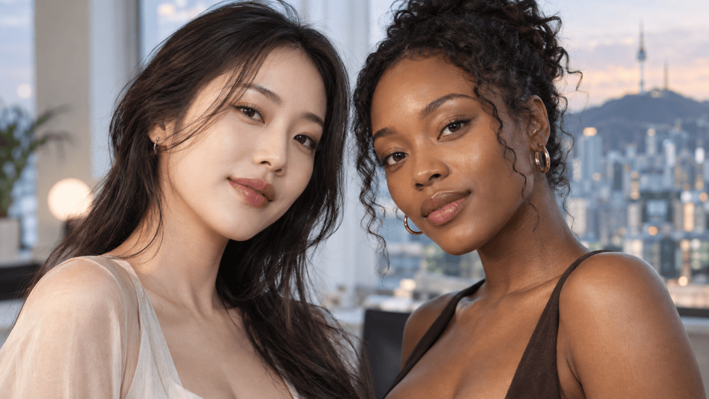 Two women standing together, smiling at the camera, with a cityscape in the background.
