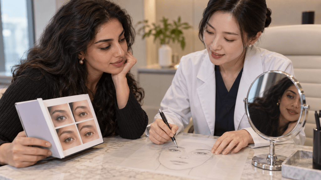 A woman in a black sweater examines a portfolio of eye images while a second woman in a lab coat sketches a face on a paper sheet at a table.