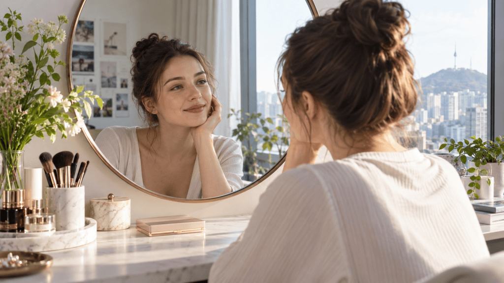 A young woman with a bun hairstyle is sitting in front of a round mirror, smiling at her reflection. She is in a bright room with city views and a decorative vanity featuring flowers, makeup brushes, and skincare products.