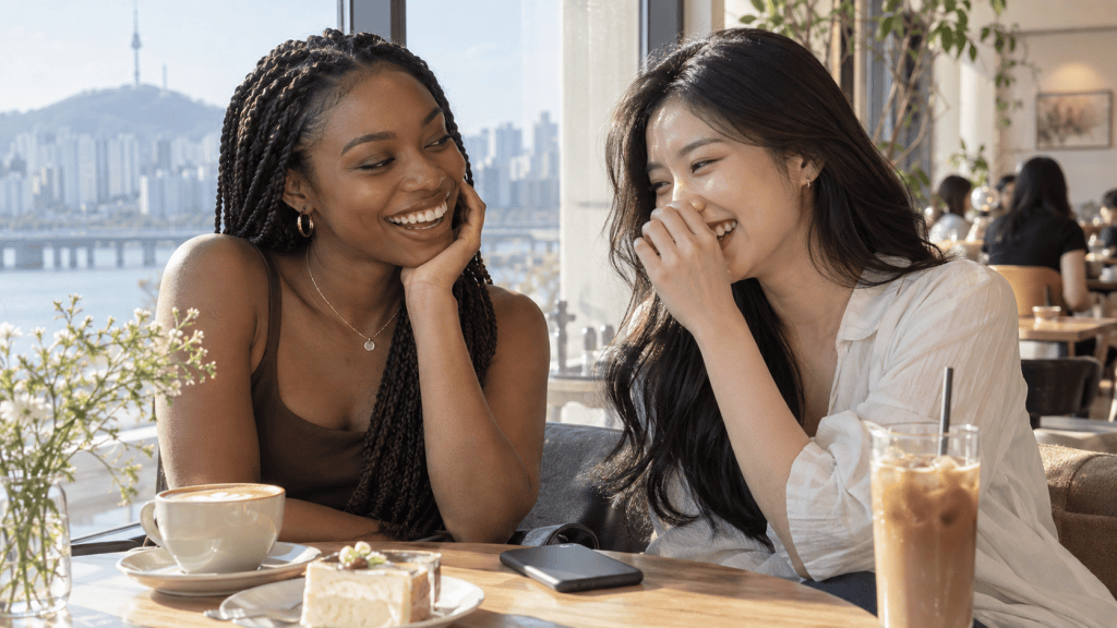 Two young women sitting in a cafe, smiling and laughing while enjoying coffee and cake, with a city skyline visible through the window.