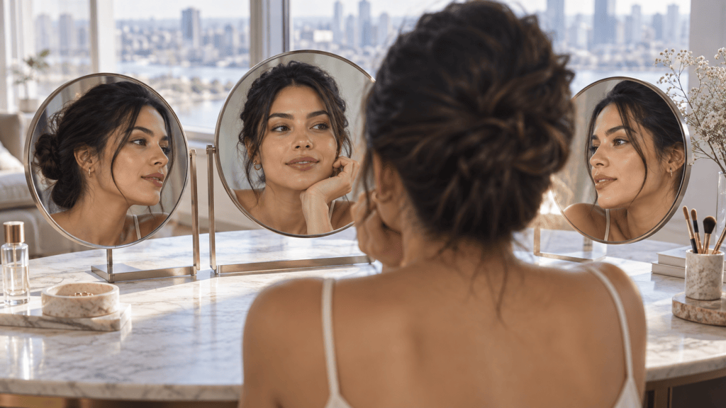 A woman sitting at a vanity table with three circular mirrors reflecting her image, looking thoughtfully at herself. The background features a city skyline visible through a window.